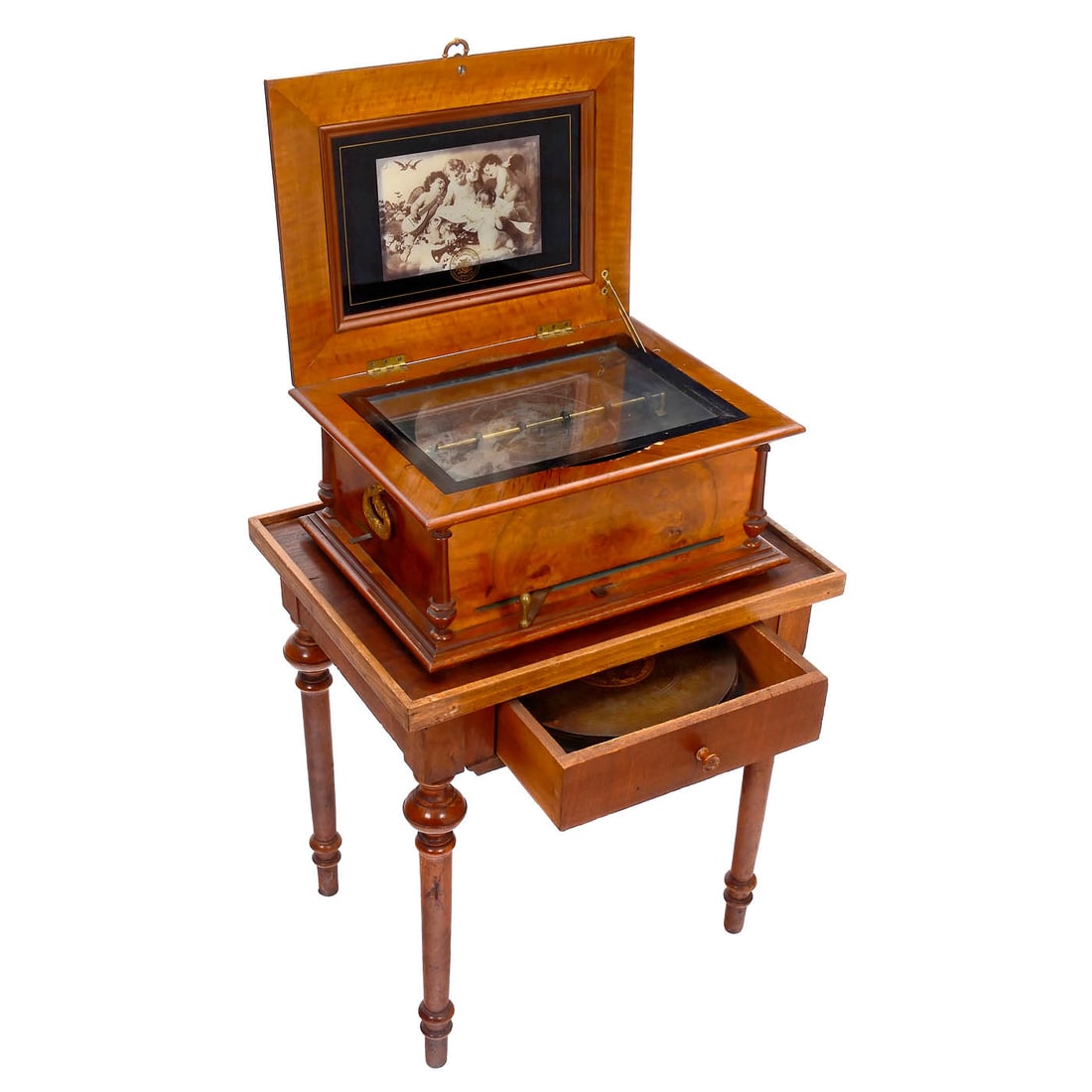 Symphonion Style 25 Disc Musical Box, c. 1900: Symphonion Style 25 Disc Musical Box, c. 1900 Symphonion Musikwerke, Leipzig. For 11 ¾ in. discs, with 84 teeth in double comb (2 broken tips), lever-wind mechanism, walnut case and brass