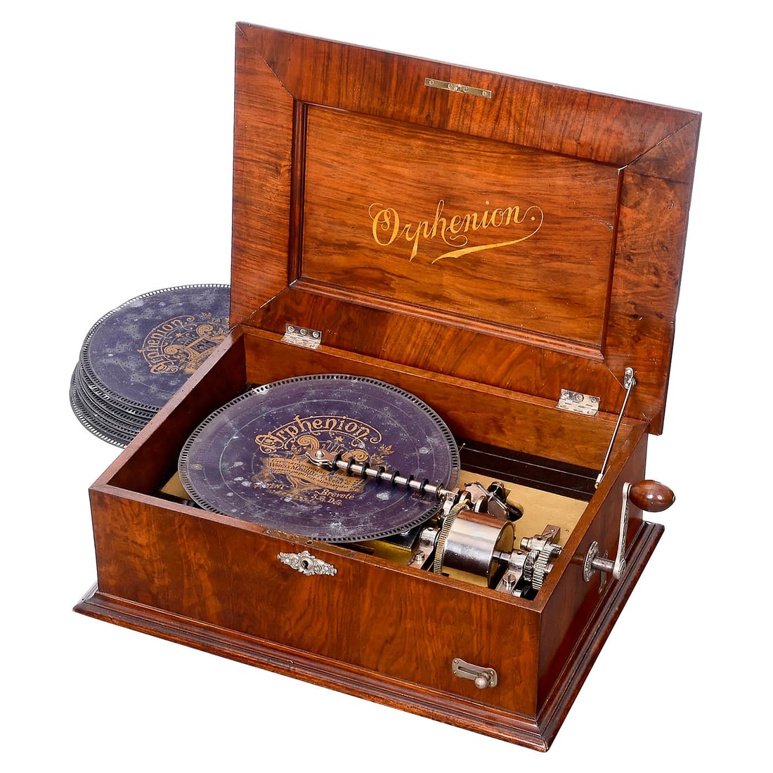 Orphenion Table Disc Musical Box Model 51, c. 1895: Orphenion Table Disc Musical Box Model 51, c. 1895 Manufacturer: Bruno Rückert, Leipzig. For discs of Ø 10 2/3 in., 51 teeth in single comb (complete), nickeled visible spring motor, walnut