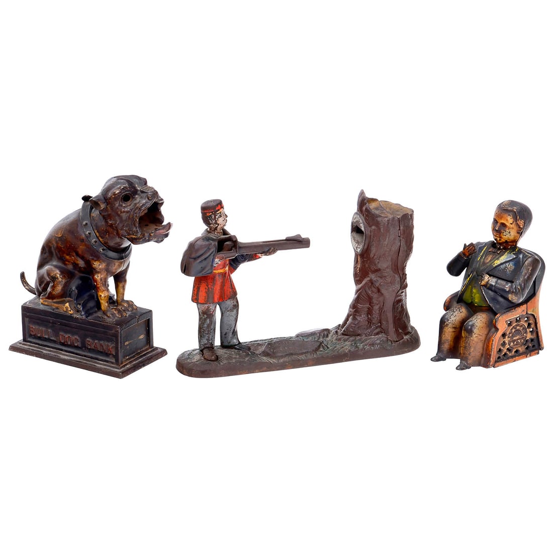 3 American Mechanical Money Banks: 3 American Mechanical Money Banks J. & E. Stevens Company, cast iron. 1) "Bull Dog Bank", 1880 onwards, blue blanket, defective, missing rear panel and trap door. – 2) "Creedmoor Bank", 1877 onw