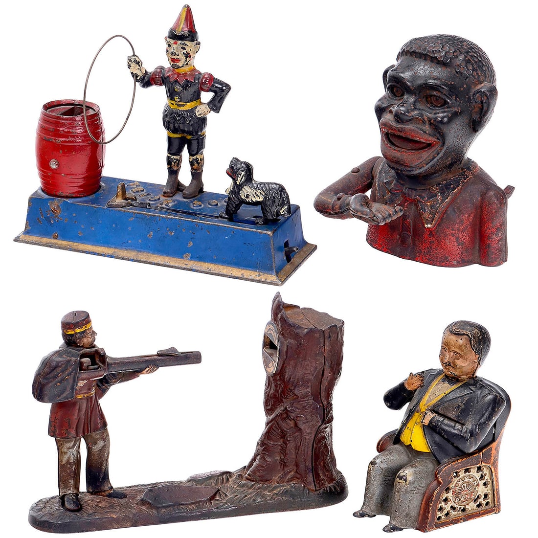 4 American Mechanical Money Banks: 4 American Mechanical Money Banks Cast iron. 1) "Trick Dog", c. 1925 onwards, Hubley Mfg. Company, working. – 2) "Creedmoor Bank", 1877 onwards, J. & E. Stevens Company, with no breakages, resto