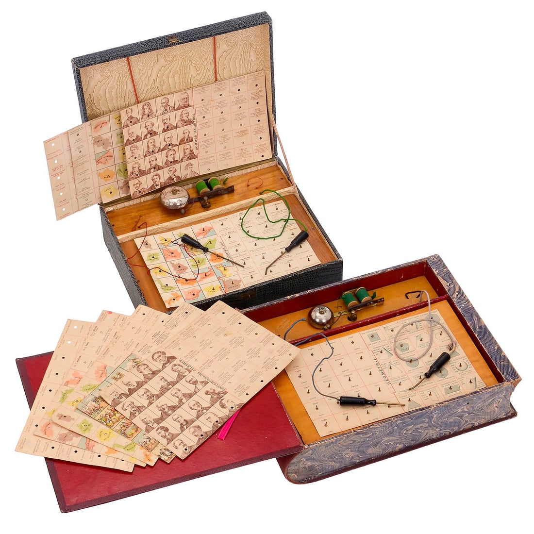 2 Electrical Question-and-Answer Games, c. 1910: 2 Electrical Question-and-Answer Games, c. 1910 France. "Le Moniteur Électrique" and "Le Sphinx Moderne", battery-operated, each with several cards, with a bell to signal the correct answer,