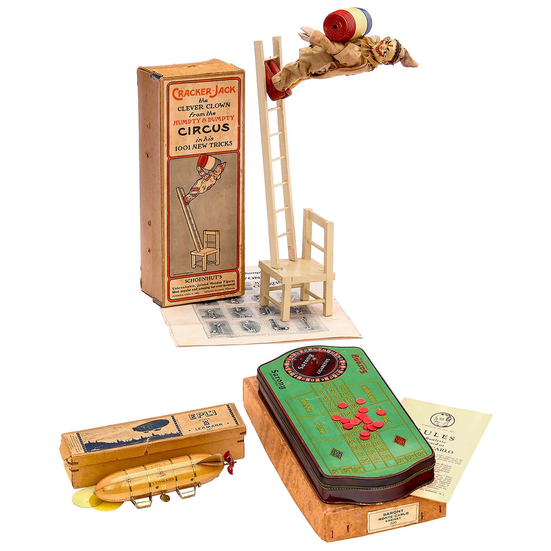 3 Toys, c. 1920–30: 3 Toys, c. 1920–30 1) Airship EPL-1, Lehmann no. 651, lithographed tin, length 7 ½ in., spring drive (working), one elevator control missing, cellophane wings included separately, in origin