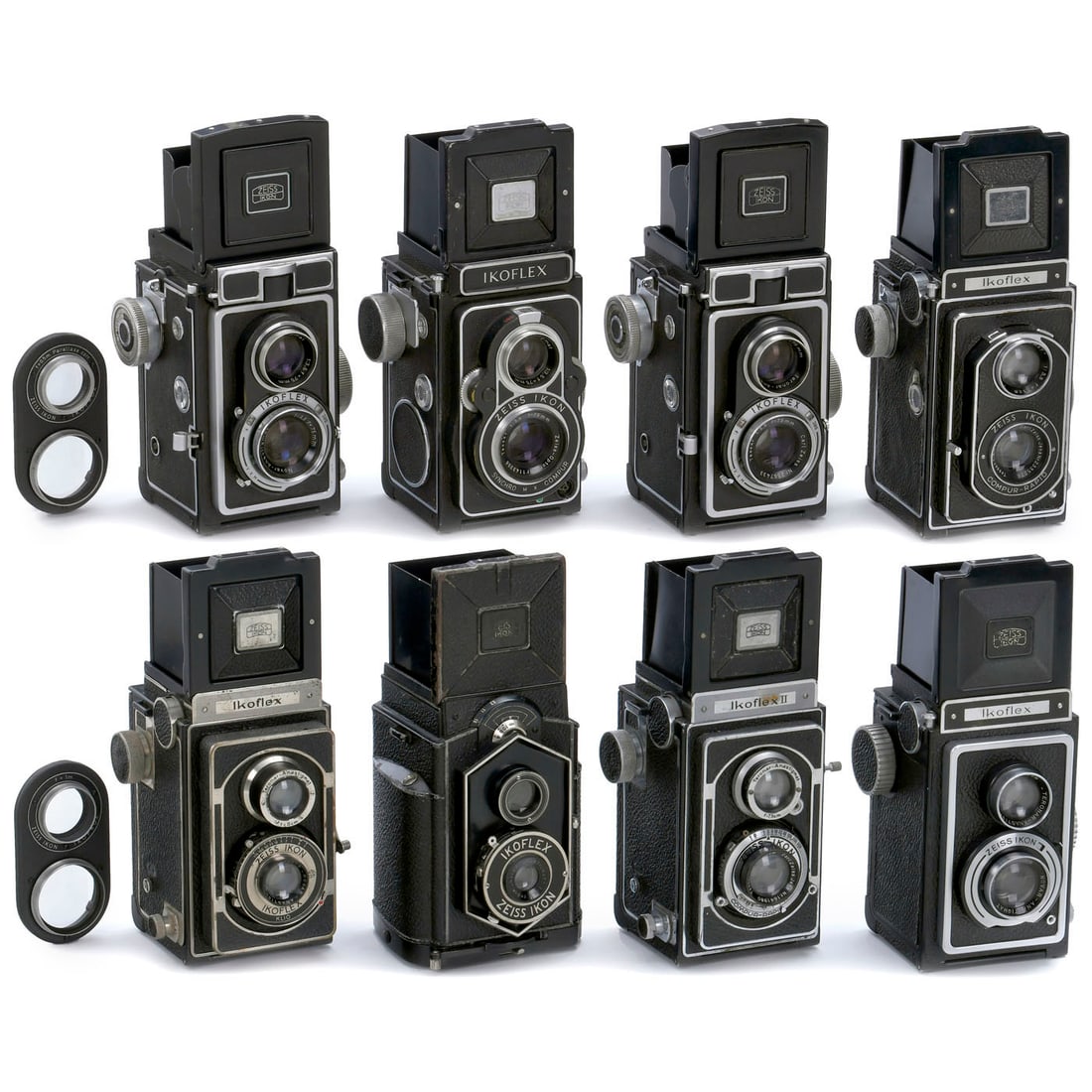8 x Ikoflex: 8 x Ikoflex Zeiss Ikon, Dresden/Stuttgart. 1) Ikoflex 850/16 "Coffee Pot" with Novar 6.3/8 cm, 1934 onwards. (3-/3) – 2) Ikoflex I 850/16 with Novar 3.5/7.5 cm, 1938 onwards. (3+/3) – 3)