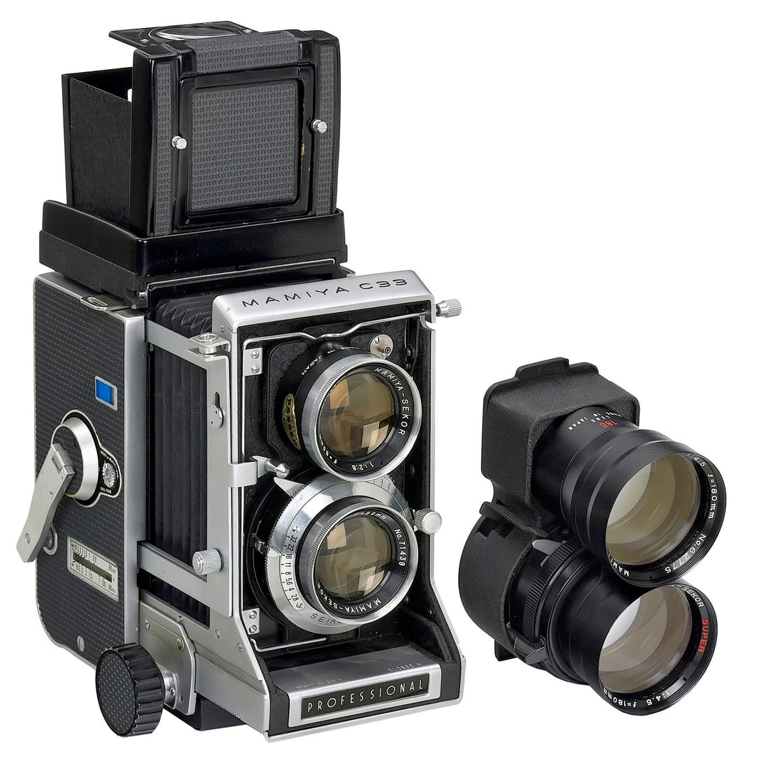 Mamiya C33 with 2 Lenses: Mamiya C33 with 2 Lenses Mamiya, Japan. For 6 x 6 cm on 120 film. 1) Mamiya C33 Professional no. H339010, with Sekor 2.8/80 mm, long exposures sometimes erratic, with waist-level finder. (2-/3)