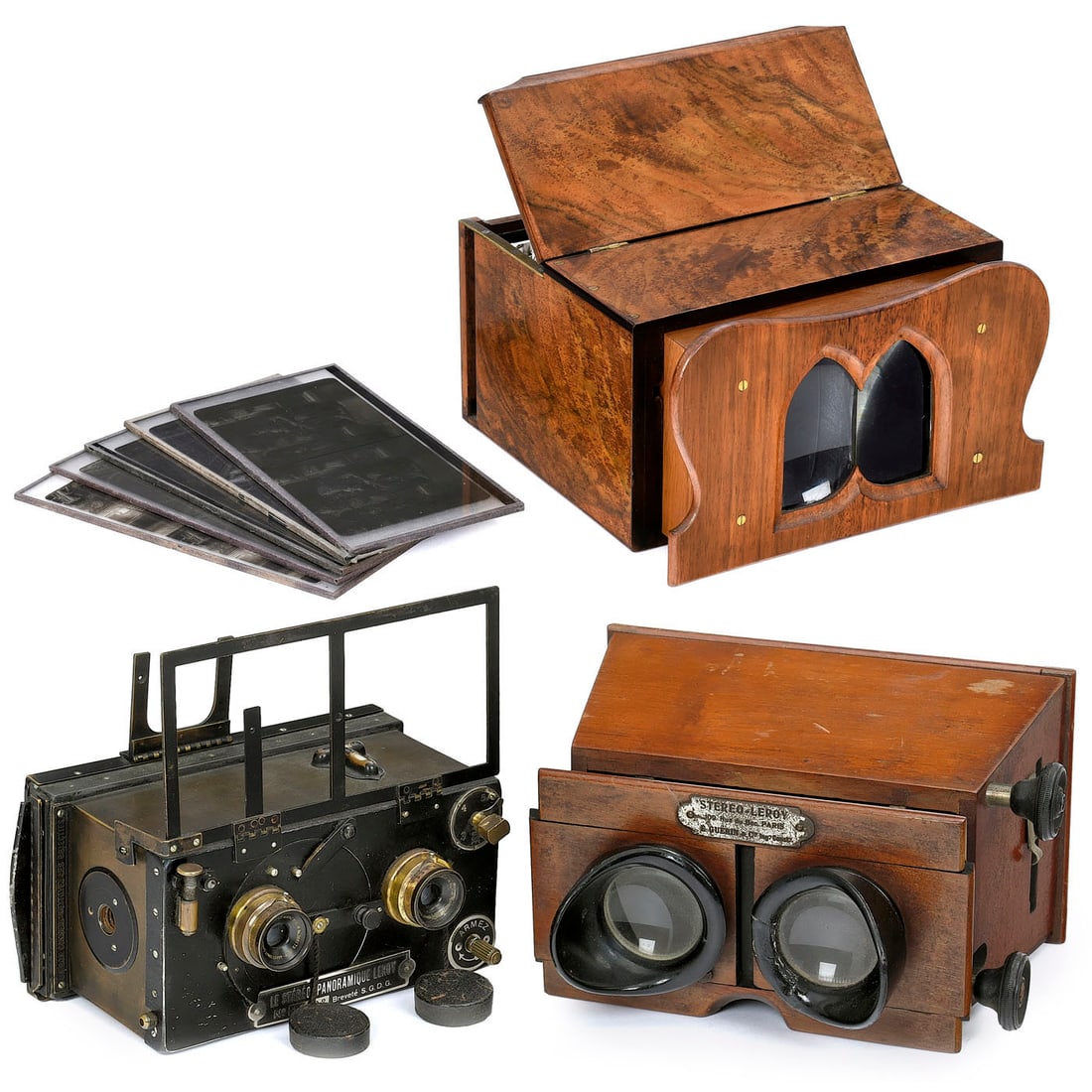 Luxury Stereoscope and Leroy Outfit: Luxury Stereoscope and Leroy Outfit 1) England. Luxury stereoscope, veneered case, for 9 x 18 cm slides and stereo cards, with auxiliary slider, focusing by sliding out the front box with the large
