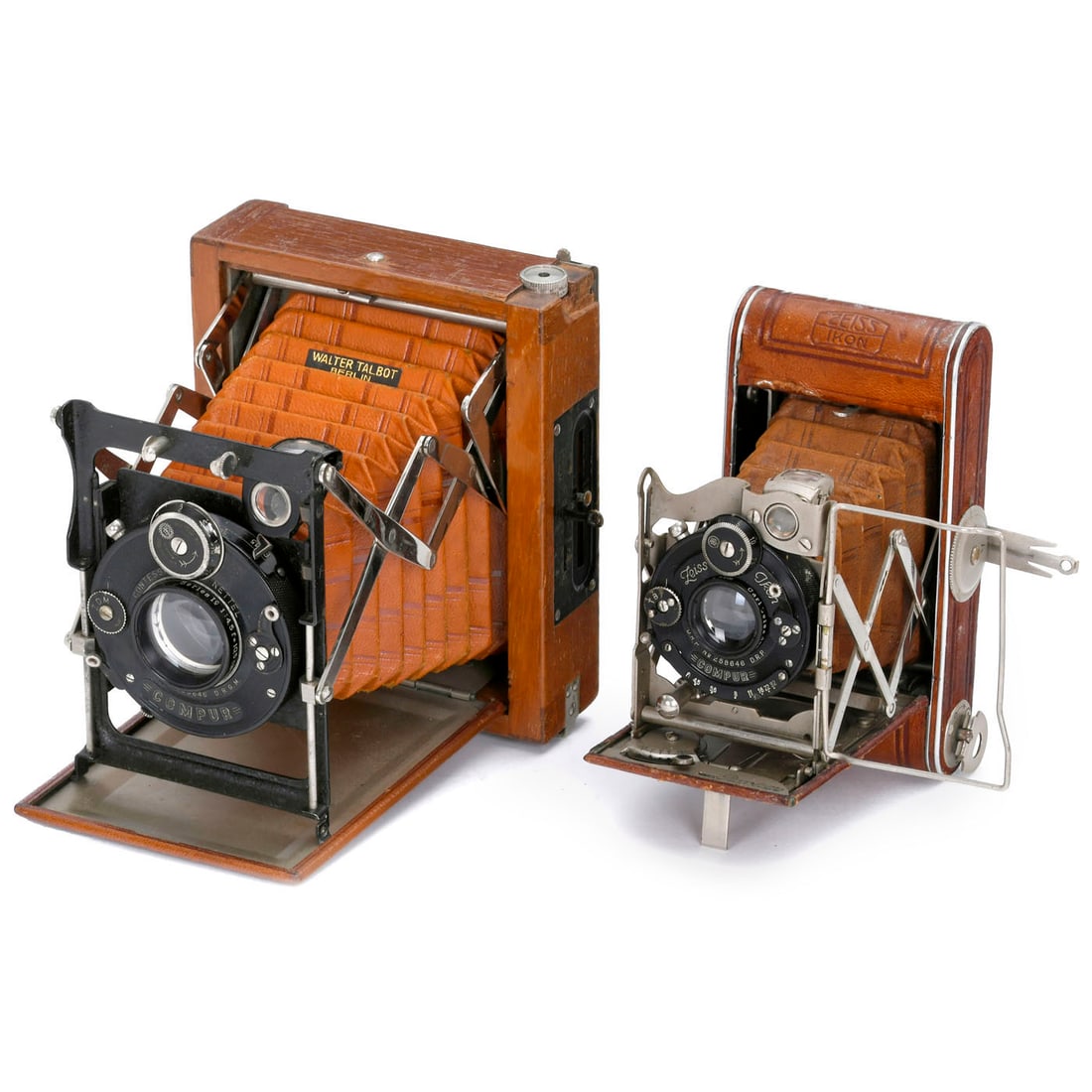 Tropen-Sonnet and Piccolette Luxus: Tropen-Sonnet and Piccolette Luxus Zeiss Ikon, Dresden. Both with original focusing screen backs. 1) Tropen-Sonnet, for 6.5 x 9 cm, teak body, nickel-plated fittings, orange-brown bellows, Tessar Ic