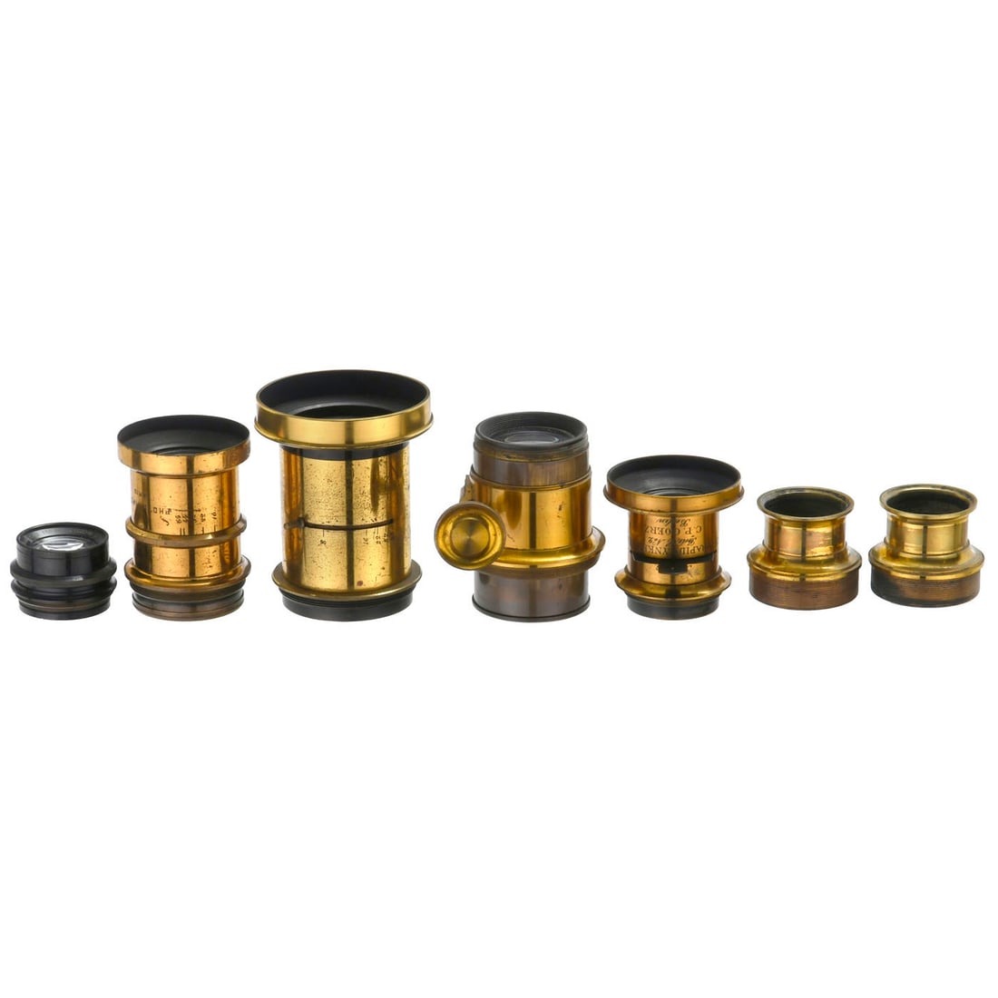 7 Lenses: 7 Lenses All glasses in good condition. 1) Petzval-type 3.4/13 cm with rack-and-pinion focusing, no lens hood. – 2–3) Stereo landscape lens element, 10 cm focal length; one lens element