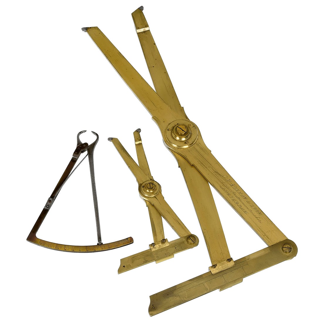 2 Calipers and a Vernier Caliper: 2 Calipers and a Vernier Caliper 1) 2 calipers for internal measurements, c. 1830, made of brass; one engraved with: "J.M. Kleman & Zoon, Koninklyke Instrumentmakers, Amsterdam", lengths 5 and 11 2/5