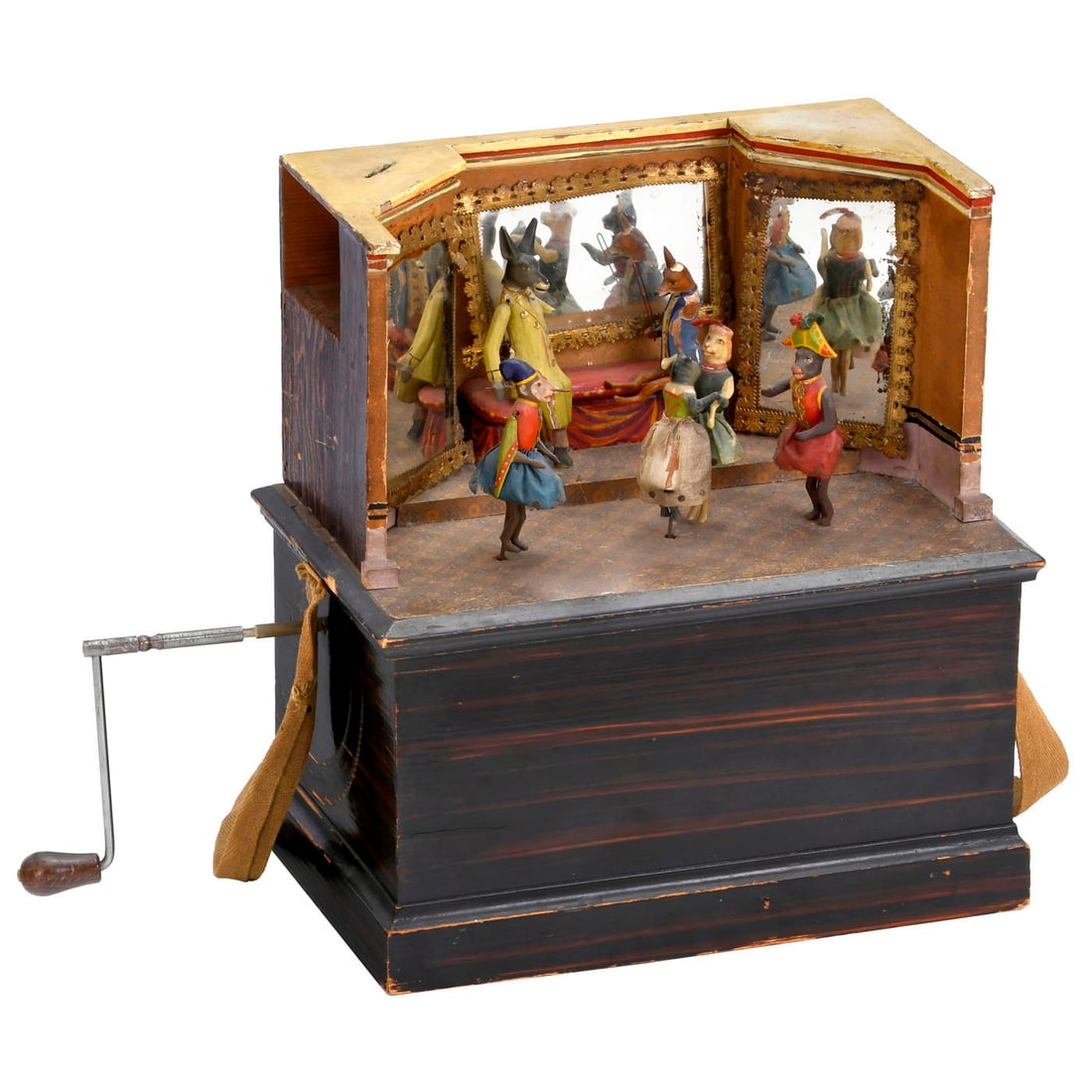 Musical Automaton with Dancing Animals, c. 1900: Musical Automaton with Dancing Animals, c. 1900 Manivelle, with musical movement, playing one air, 6 carved and polychrome painted animals, fox as conductor, donkey as violinist, two dancing monkeys