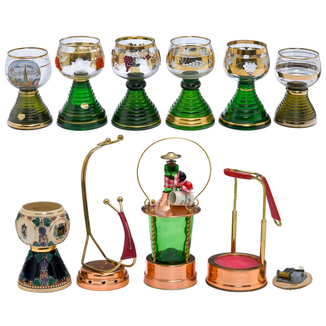 Wine Glasses and Bottle Holders with Musical Movements, 1960s: Wine Glasses and Bottle Holders with Musical Movements, 1960s 1) 6 glass goblets, each with a single-air cylinder musical movement in the base; all in working order. – 2) Ceramic relief goblet;
