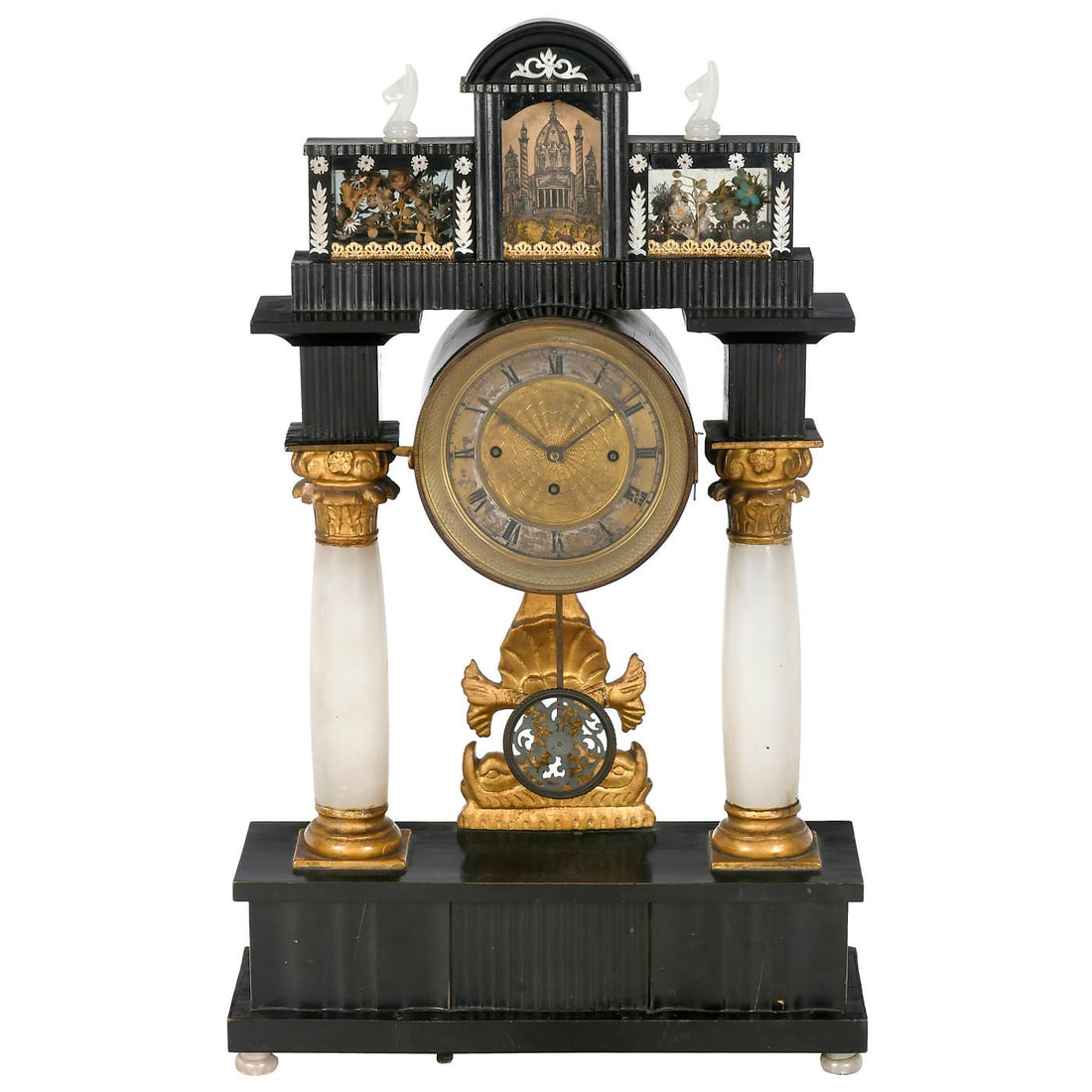 Vienna Portal Clock with Musical Movement, c. 1850: Vienna Portal Clock with Musical Movement, c. 1850 Guilloché brass dial, Roman numerals, three-train movement, quarter-strike chime on two spiral gongs, floral display cases in the upper