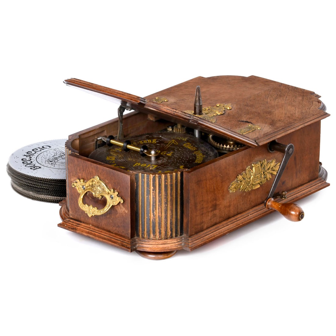 Gloriosa Musical Christmas Tree Stand, c. 1900: Gloriosa Musical Christmas Tree Stand, c. 1900 Manufactured by J.C. Eckhardt, Stuttgart. With 7 5/8 in. Symphonion movement, 43 teeth in steel comb (complete), walnut case with brass ornaments, 18 