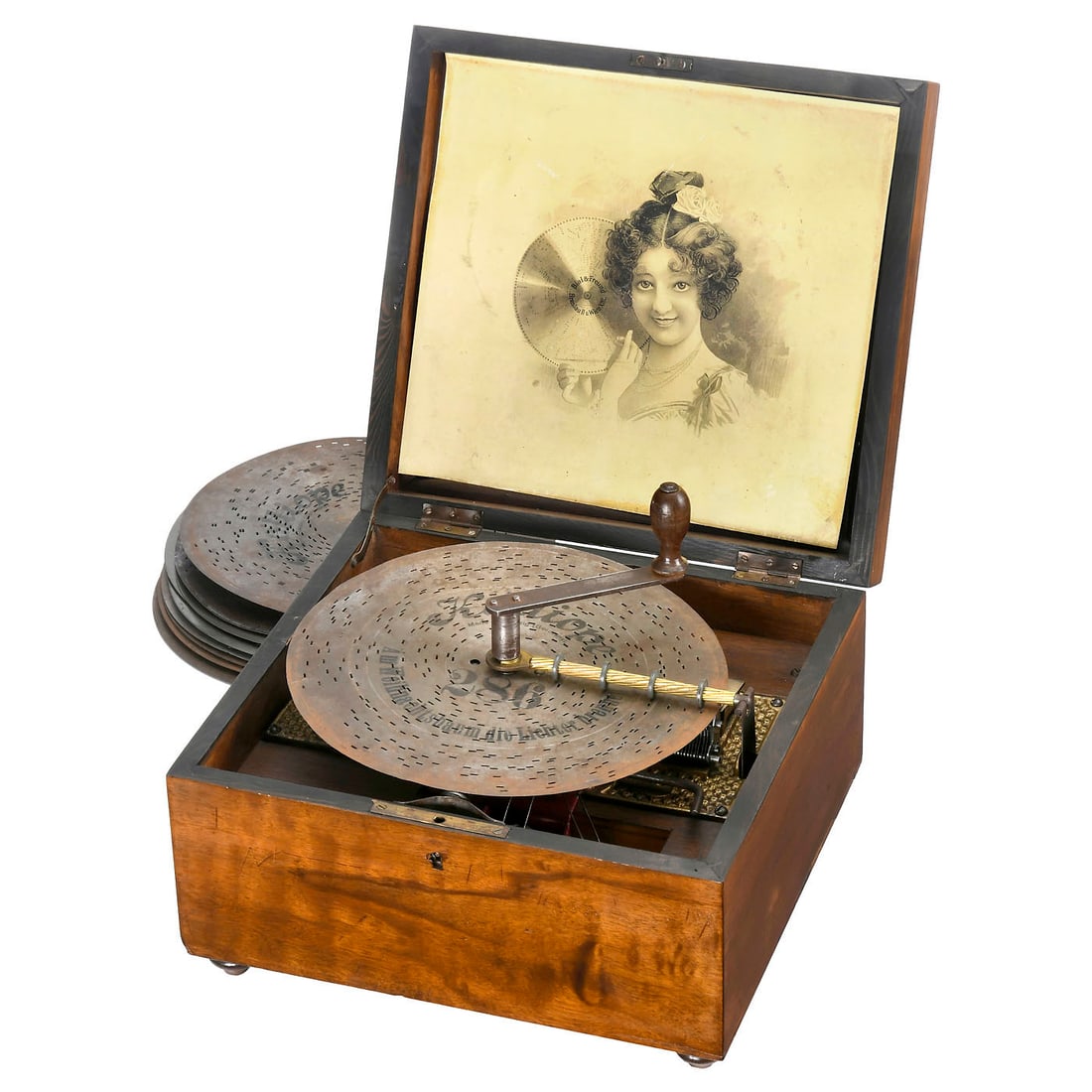 Kalliope No. 50G Disc Musical Box, c. 1900: Kalliope No. 50G Disc Musical Box, c. 1900 Kalliope Musikwerke, Leipzig. For 9 ¼ in. discs, with 6 bells and 49 teeth in steel comb (complete), later lithograph in lid, excellent playing conditio
