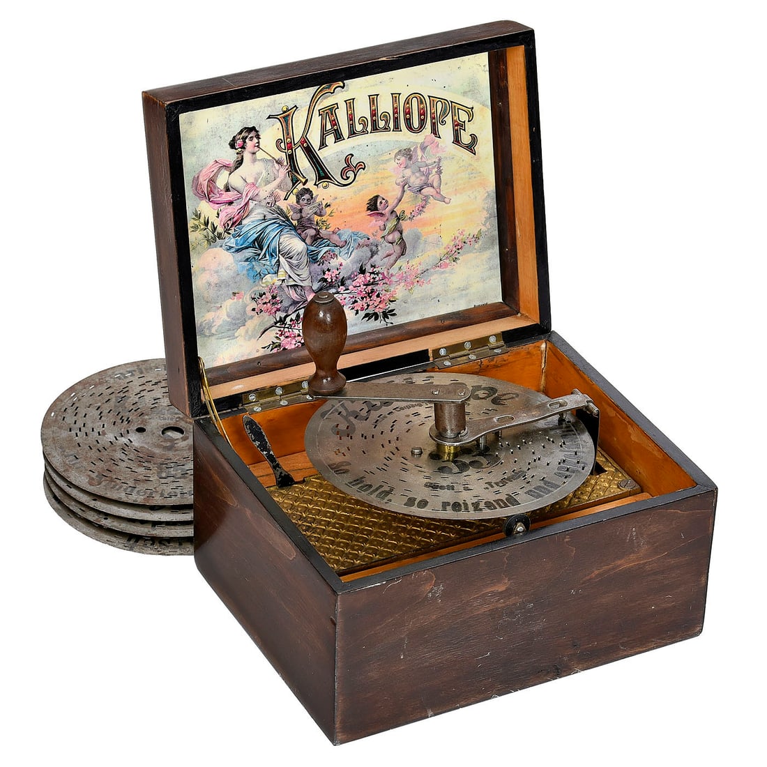Kalliope No. 26, c. 1900: Kalliope No. 26, c. 1900 5 3/8 in. disc musical box by "Kalliope Musikwerke, Leipzig", 26 teeth in comb (complete), spring-driven, with 5 discs. – Good playing condition! Kalliope Nr. 26, um 190