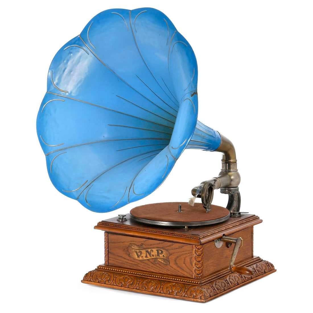 Horn Gramophone with a Rare Soundbox, c. 1910: Horn Gramophone with a Rare Soundbox, c. 1910 Marked "V.N.P." on the front, for 78-rpm shellac records, carved oak cabinet, blue-lacquered metal horn, Ø 19 ½ in., unusual soundbox with a
