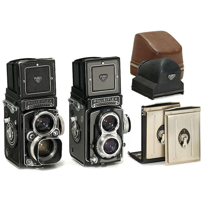 Rolleiflex T and Rolleiflex 2,8 E2: Rolleiflex T and Rolleiflex 2,8 E2 Franke & Heidecke, Braunschweig. 1) Rolleiflex T, 1958, first version in grey, no. 2100634, early model (no. …634), Tessar 3,5/75 mm, in Synchro-Compur, built-in l