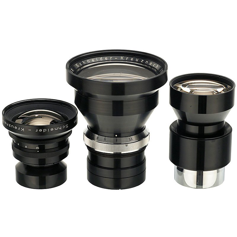 3 Schneider Professional Lenses: 3 Schneider Professional Lenses Schneider-Kreuznach. 1) Tele-Arton 5,5/360 mm. (2/2-) – 2) Technika Tele-Arton 5,5/240 mm. (2/2-) – And: 3) Componon 5,6/210 mm. (2/3) 3 Schneider-Fachobjektive Sch