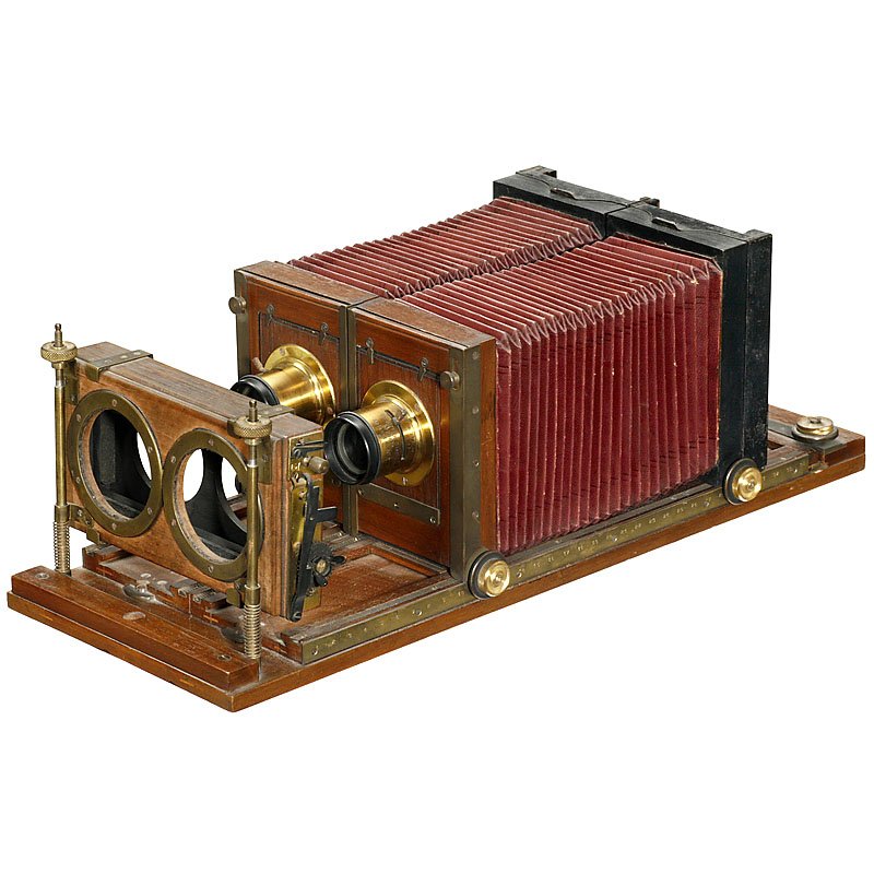 Chambre Stéréo "Le Bi" 6,5 x 9 cm, c. 1880–90: Chambre Stéréo "Le Bi" 6,5 x 9 cm, c. 1880–90 Presumably France, size 2 x 6,5 x 9 cm on plates, 2 x Aplanat B No. 2 F=8 by E. Suter, Basel, dark-red bellows, roller-blind shutter 1/15–1/80 sec.
