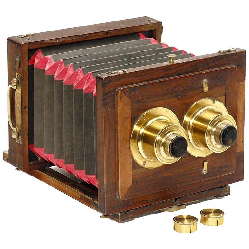 Stereo Field Camera 13 x 18 cm, c. 1860–70: Stereo Field Camera 13 x 18 cm, c. 1860–70 Presumably French, size 13 x 18 cm, tropical wood with brass fittings, focusing screen back with handcrank, dark brown bellows with red corners, 2 unmarked