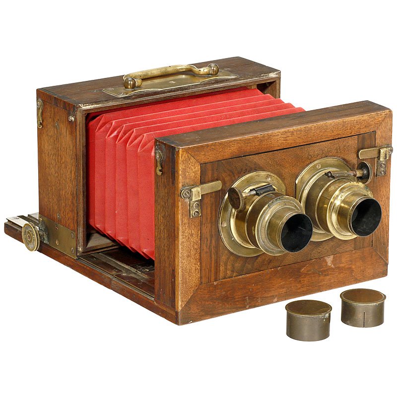 Wet-Plate Stereo Field Camera, c. 1858: Wet-Plate Stereo Field Camera, c. 1858 France, photograph format 2 x 8 x 9 cm, walnut body with solid brass fittings, dark red bellows. Lenses: 2 x "Lerebours et Secretan à Paris" (landscape lenses),