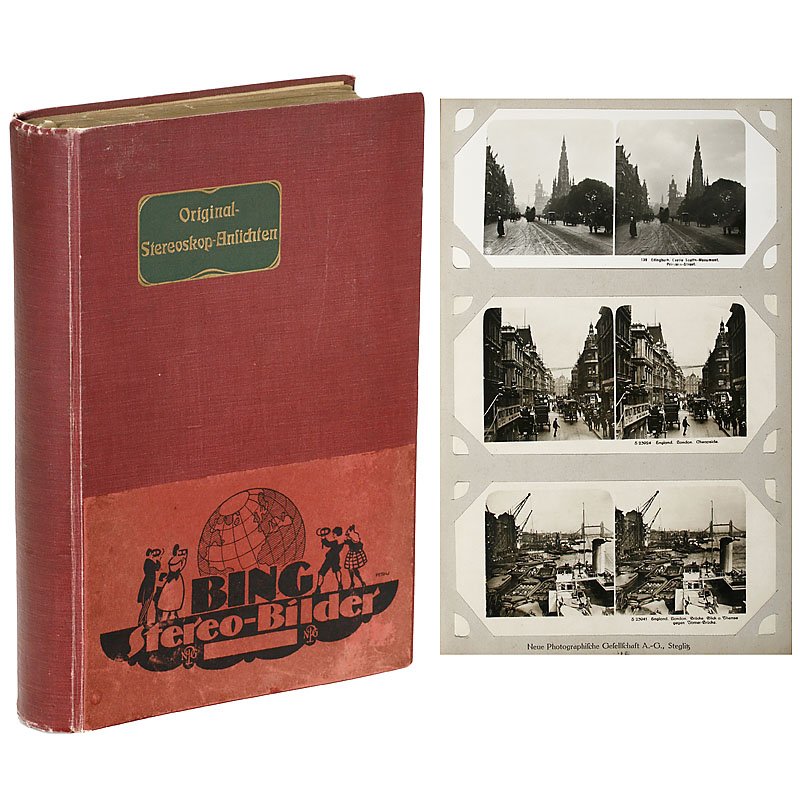"Original-Stereoskop-Ansichten" by Bing, c. 1920: Original-Stereoskop-Ansichten by Bing, c. 1920 Neue Photographische Gesellschaft/Bing. Book with approx. 300 stereo cards, size 9 x 18 cm, mainly Europe, but also Africa, Asia, America and other topic