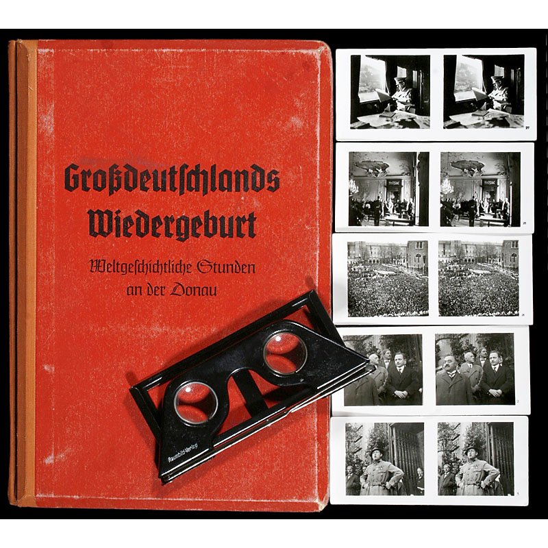 Raumbild Stereo Album "Großdeutschlands Wiedergeburt",: Raumbild Stereo Album "Großdeutschlands Wiedergeburt", 1938 Raumbild Verlag Otto Schönstein, Munich; with 100 pictures (complete) and stereo viewer. Raumbild-Album "Großdeutschlands Wiedergeburt", 