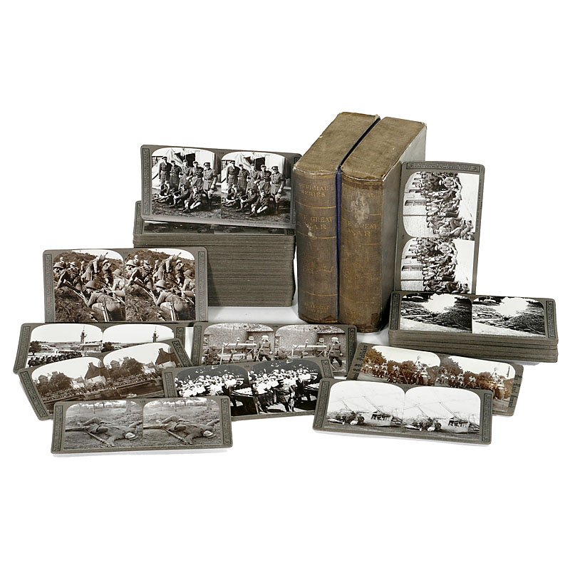 Book Cassette with approx. 100 Stereo Cards: Book Cassette with approx. 100 Stereo Cards Predominantly: Realistic Travels-Publishers, "The Great War", card size 9 x 18 cm, mint condition! Buchkassette mit ca. 100 Stereokarten Überwiegend: Reali