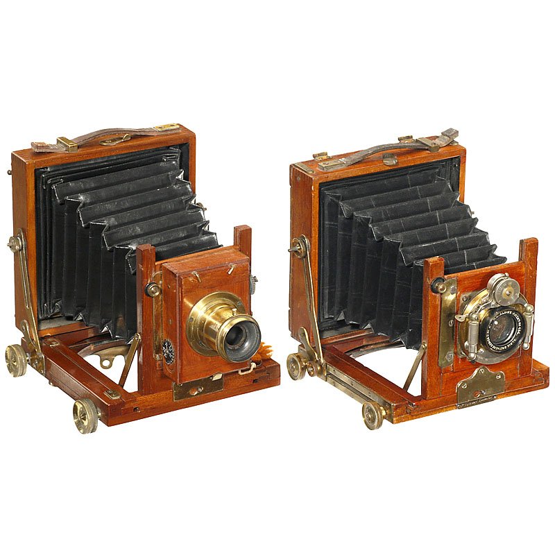 2 Small Field Cameras from England, c. 1900–10: 2 Small Field Cameras from England, c. 1900–10 1) W.B. British Made. "The Coronet Camera", photograph format 3 1/6 x 4 1/3 in., polished-wood with brass fittings, black bellows, lens: Aldis Brothers