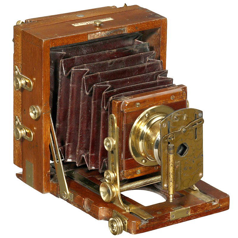 The 1897 Instantograph, 1897: The 1897 Instantograph, 1897 Lancaster, Birmingham. Small folding camera for ¼ plates, tropical wood with brass fittings, dark-red bellows, lens by Lancaster & Sons, with unusual Lancaster shutter (n