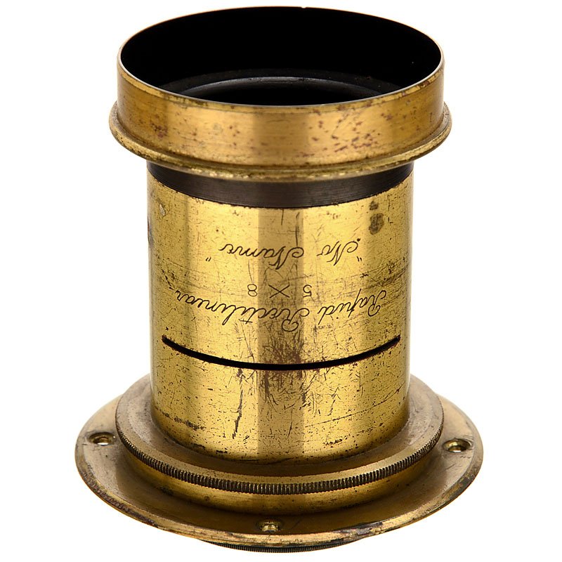 Rapid Rectiliniar 5 x 8 "No Name", c. 1890: Rapid Rectiliniar 5 x 8 "No Name", c. 1890 Unknown manufacturer, brass-bound lens for waterhouse stop, height of the lens 3 1/6 in., Ø 2 in., with connecting ring. Rapid Rectiliniar 5 x 8 "No Name", 
