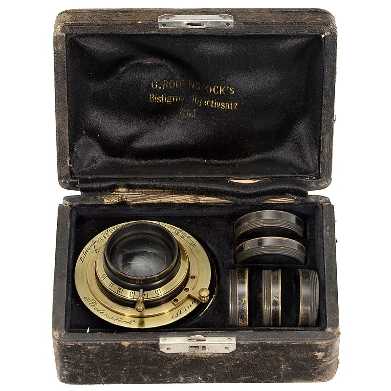 Rodenstock's "Objektivsatz Bistigmat", c. 1885: Rodenstock's "Objektivsatz Bistigmat", c. 1885 Rodenstock, Munich. Lens components with 7 lens elements, iris stop, height of the lens 2 1/3 in., front elements Ø 1 ½ in., with original case. Roden