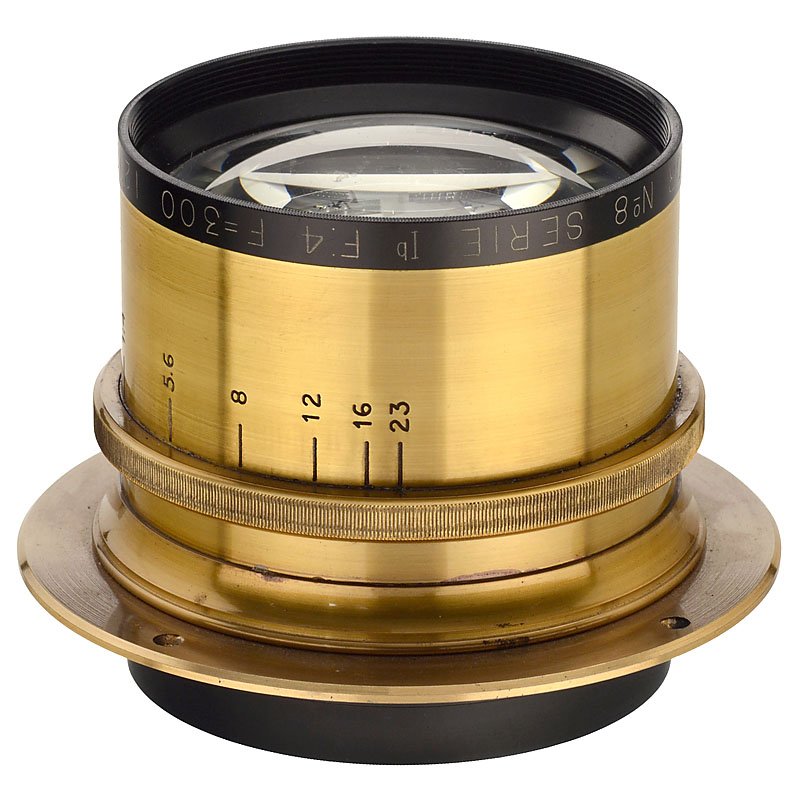 Berthiot "Stellor No. 8 4/300 mm", c. 1900: Berthiot "Stellor No. 8 4/300 mm", c. 1900 Berthiot, Paris. No. 121012, "Stellor No. 8 Serie Ib F:4 F=300", iris stop, height of the lens 3 ½ in., Ø 3 1/6 in., connecting ring. Optics slightly cloud