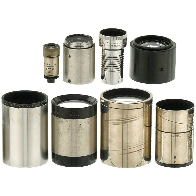 8 Projection Lenses: 8 Projection Lenses Different lenses for cinema and movie projectors. 8 Projektionsobjektive Verschiedene Objektive für Kino- und Schmalfilmprojektoren.