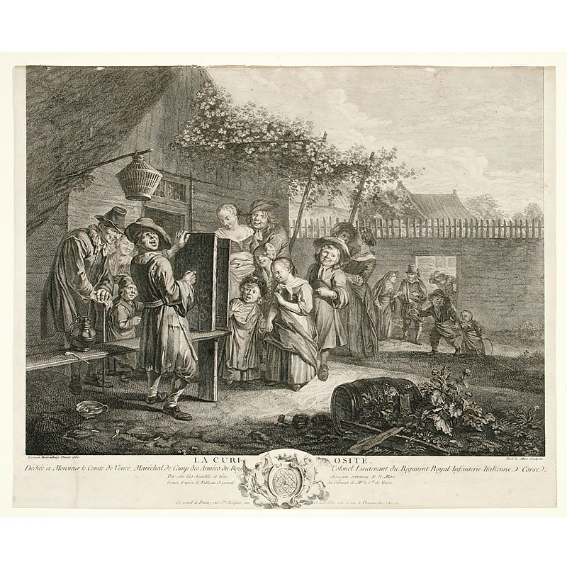 Original Copperplate "La Curiosité", c. 1760: Original Copperplate "La Curiosité", c. 1760 Famous large peep-show motif by Reinier Brakenburg of 1660, later engraved by Noel Le Mire. – Although the artwork was painted in 1660 long before the p