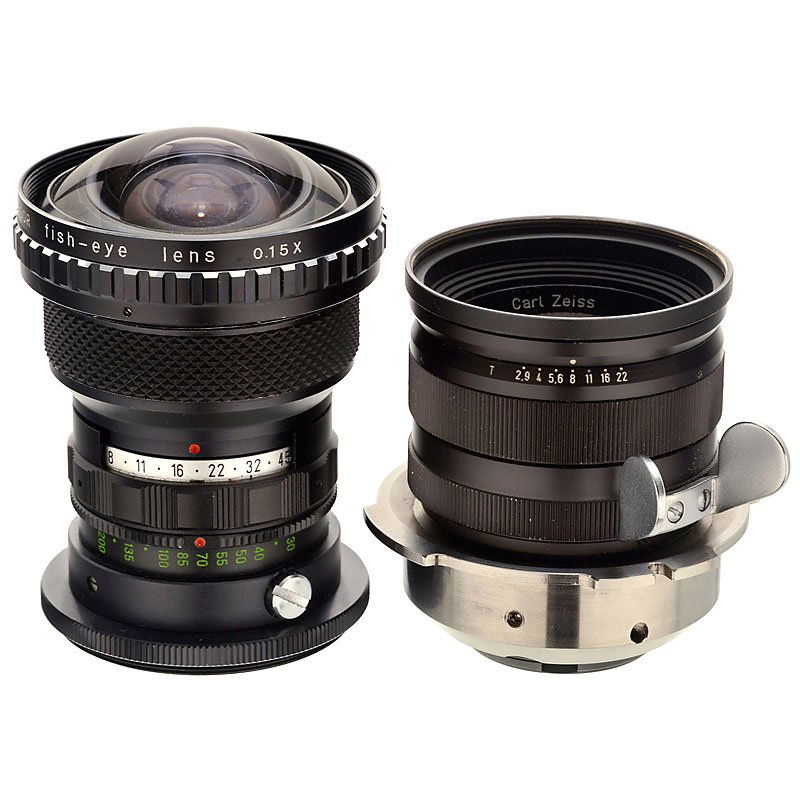 Movie Lens with Fish-Eye Attachment: Movie Lens with Fish-Eye Attachment 1) Carl Zeiss, Sonnar 2,8/85 mm, Arri-PL mount, no. 4360451. – And: 2) Soligor fish-eye lens, matching the Sonnar. Filmobjektiv mit Fish-Eye-Aufsatz 1) Carl Zeiss