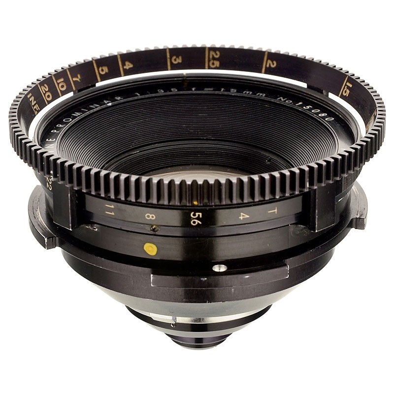 35mm Film Wide-Angle Movie Lens, c. 1970: 35mm Film Wide-Angle Movie Lens, c. 1970 Kowa, Japan. Cine Prominar 1:3,5/15 mm, no. 15080. Weitwinkel-Filmobjektiv, um 1970 Kowa, Japan. Cine Prominar 1:3,5/15 mm, Nr. 15080, seltenes Weitwinkelobjek