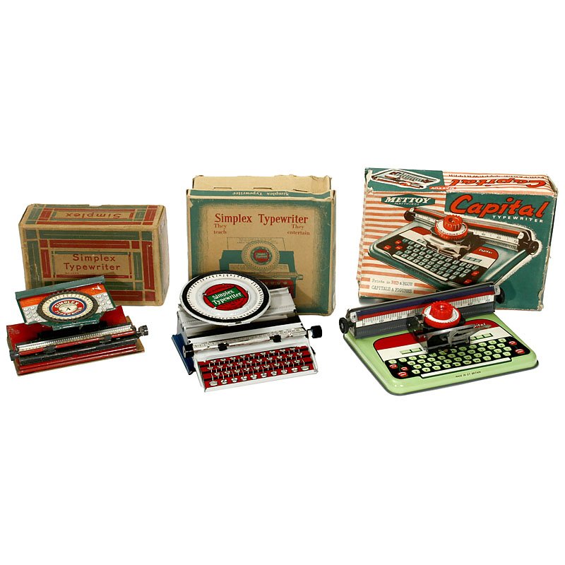 3 Toy Typewriters: 3 Toy Typewriters 1) "Simplex Special Demonstrated Model A", description in lid, with original box and ink bottle. (2-/2-) – 2) "The Practical Simplex Typewriter No. 300", with original cardboard bo