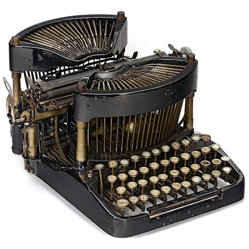 "Williams No. 4", 1900: "Williams No. 4", 1900 Attractive American grasshopper typewriter with French keyboard, no carriage pull, some key tops missing. "Williams No. 4", 1900 Beliebte amerikanische Typenhebelmaschine mit so