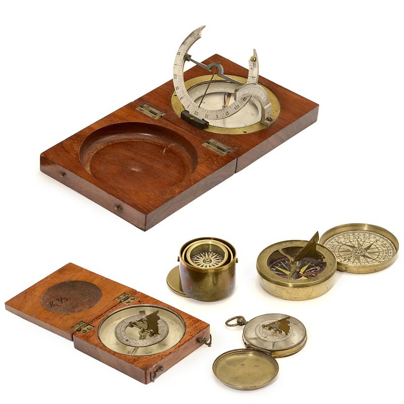 4 Sundials and 1 Pocket Compass: 4 Sundials and 1 Pocket Compass 1) Pocket sundial with bird-shaped gnomon, France c. 1850, brass, silvered scales, Ø 1 4/5 in. – 2) Pocket sundial with bird-shaped gnomon, France c. 1860, wooden ca