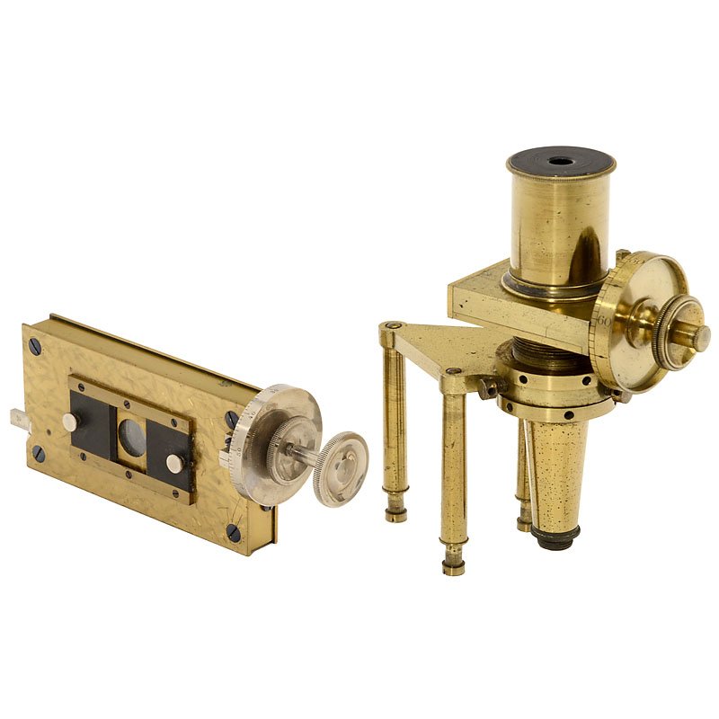 2 Precision Micrometers: 2 Precision Micrometers 1) Used on microscope stages, Germany c. 1880, original lacquered brass, adjustable slot aperture. – And: 2) Large reading micrometer, for astronomical instruments, probably 