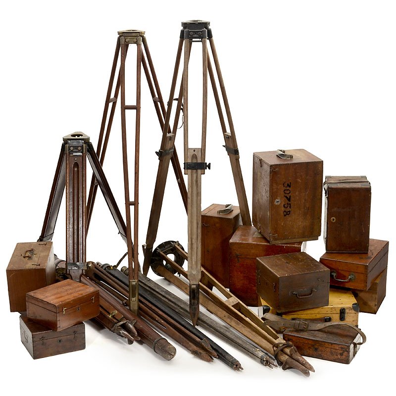 Tripods and Wooden Cases for Surveying Instruments,: Tripods and Wooden Cases for Surveying Instruments, from 19th Century 1) 9 wooden tripods of various constructions and sizes. – And: 2) 12 transportation cases for theodolites, levels or compass ins
