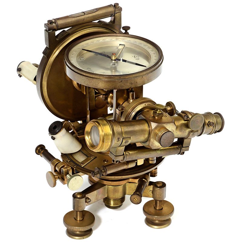 Small German Theodolite by Breithaupt, c. 1890: Small German Theodolite by Breithaupt, c. 1890 Signed "F. W. Breithaupt & Sohn, Hesse – Cassel", serial no. 3446, brass, silvered scales, 4 magnifiers, 2 levels, large compass, 5 ½ in. telescope, 