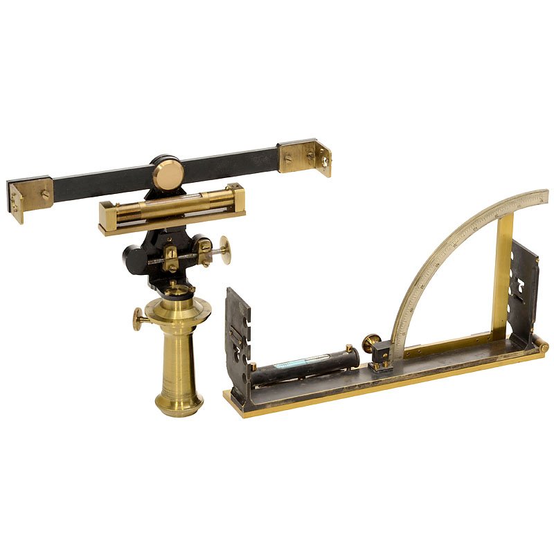 2 Surveying Instruments: 2 Surveying Instruments 1) Plane table alidade by Frans Berg, Stockholm, c. 1870. – And: 2) French level with 2 sights, c. 1840. – Original lacquered brass, both instruments in original cases. 2 V