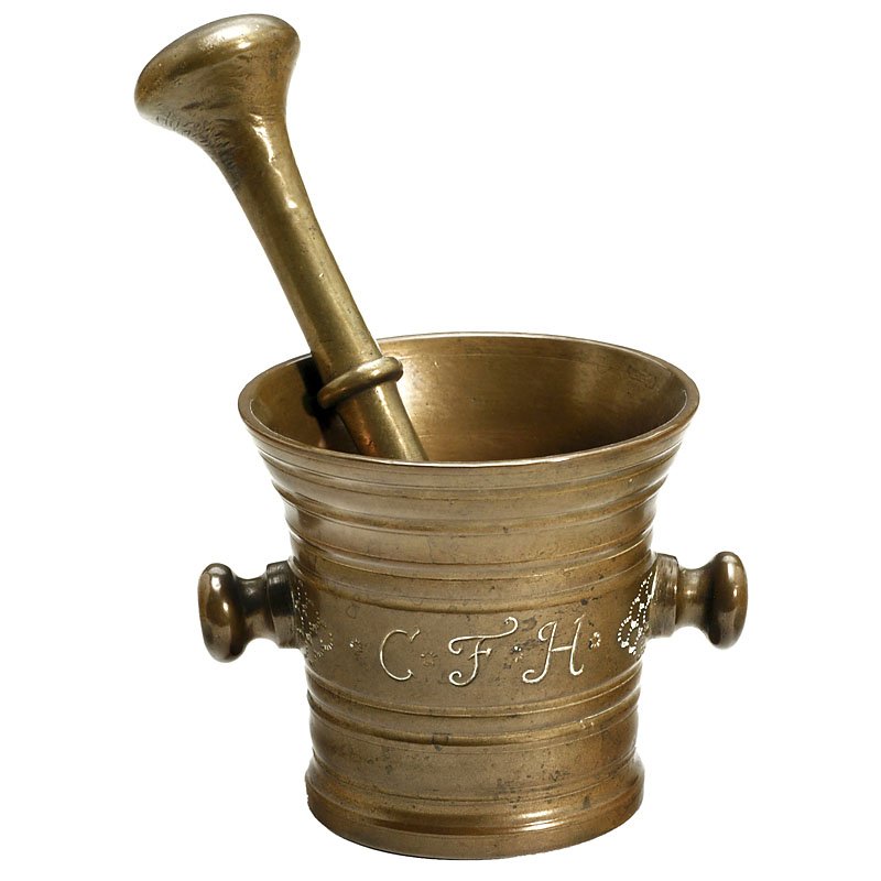 Early German Pharmacy Mortar, 1764: Early German Pharmacy Mortar, 1764 Dated 1764, signed "C.F.H.", bronze, with pestle. Apothekenmörser, 1764 Deutsch, datiert 1764, signiert "C.F.H.", Bronze, mit Pistill.