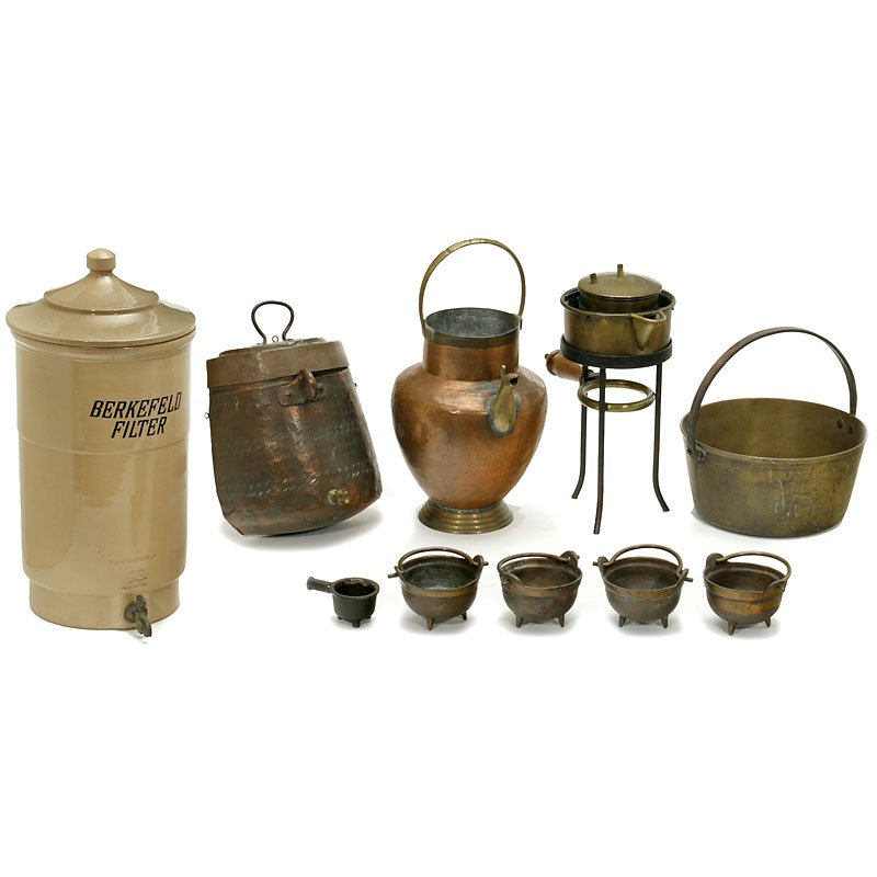 Collection of Pharmacy Vessels, 1780–1907: Collection of Pharmacy Vessels, 1780–1907 1) Wall fountain, copper, Black Forest, c. 1880. – 2) Large melting pot, bronze, Ø 10 1/5 in., Germany, c. 1780. – 3) 3 small melting pots, bronze or i