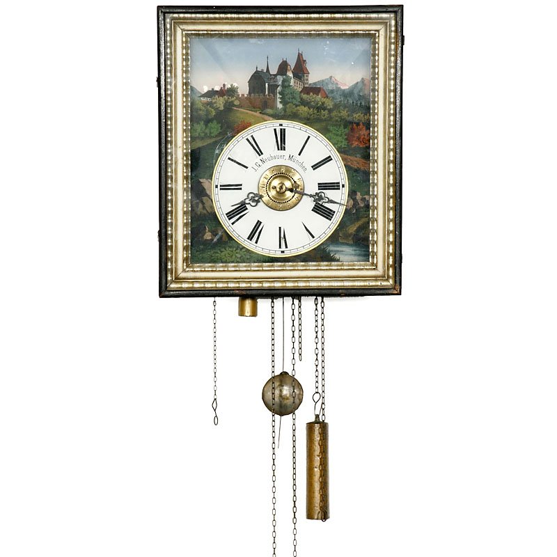 Southern German Picture Frame Clock: Southern German Picture Frame Clock Marked: "J. G. Neubauer, München", 7-in. dial reverse-painted on glass panel depicting a mountain with chalet, wooden-plate movement, half-hour strike on spiral go