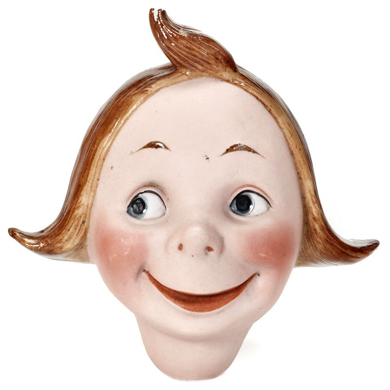 Bisque Character Doll Head "Moritz" by Kestner, c. 1910: Bisque Character Doll Head "Moritz" by Kestner, c. 1910 Unmarked socket head with round face, watermelon smile, side-glancing painted blue eyes, upturned pointy nose, molded glazed auburn hair with to