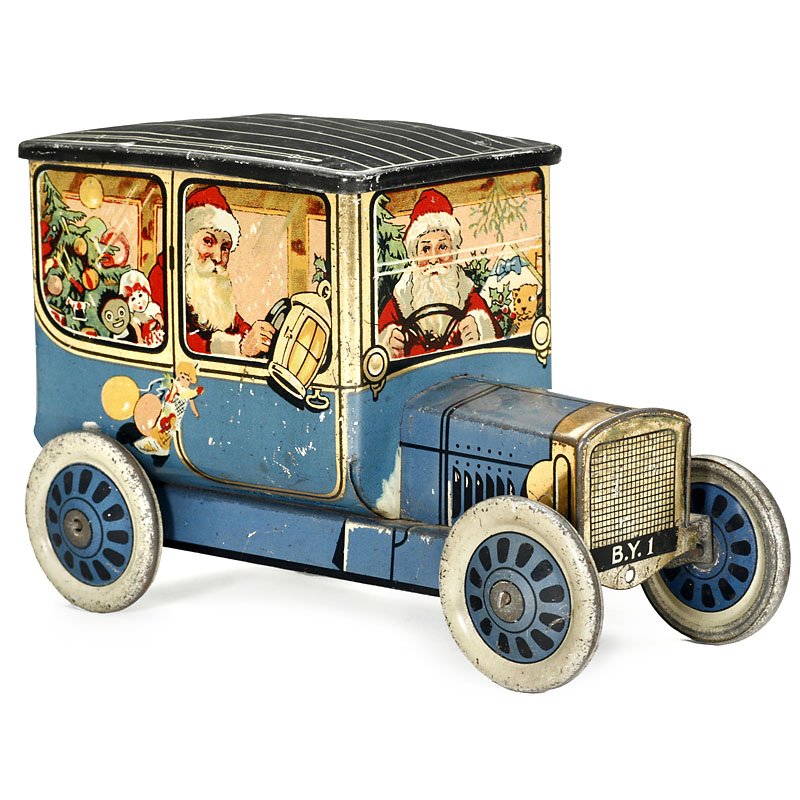 Santa Claus Biscuit Tin Vintage Car, c. 1920: Santa Claus Biscuit Tin Vintage Car, c. 1920 English, lithographed tin, marked "B.Y.1", length 6 1/3 in. Keksdose mit Weihnachtsmann in Oldtimer, um 1920 England, lithographiertes Blech, gekennzeichne
