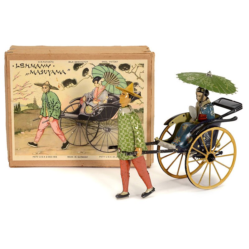 Masuyama Rickshaw EPL 773 by Lehmann, c. 1930: Masuyama Rickshaw EPL 773 by Lehmann, c. 1930 Lithographed and hand-painted tin, clockwork (working), length 7 1/3 in., original box, nearly mint condition. Masuyama Rikscha "Lehmann" EPL 773, um 1930