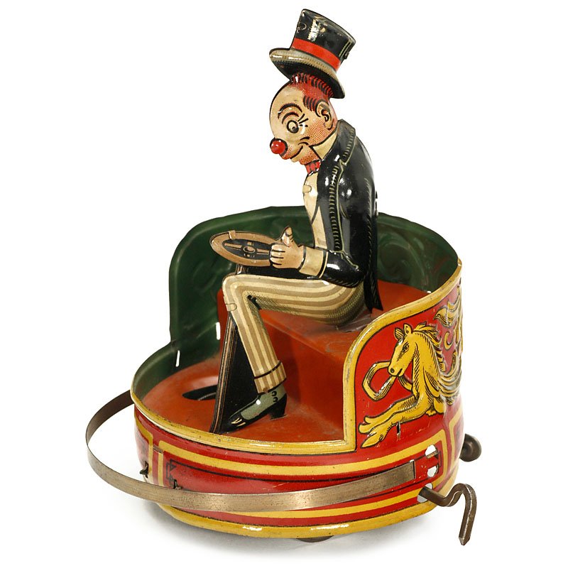 Jiggs Bumper Car, c. 1925: Jiggs Bumper Car, c. 1925 Manufactured by Gebrüder Einfalt Blechspielwarenfabrik, Nuremberg (later Technofix), catalogue no. 180, original catalogue text "Selfsteering whipe-swing", lithographed tin,